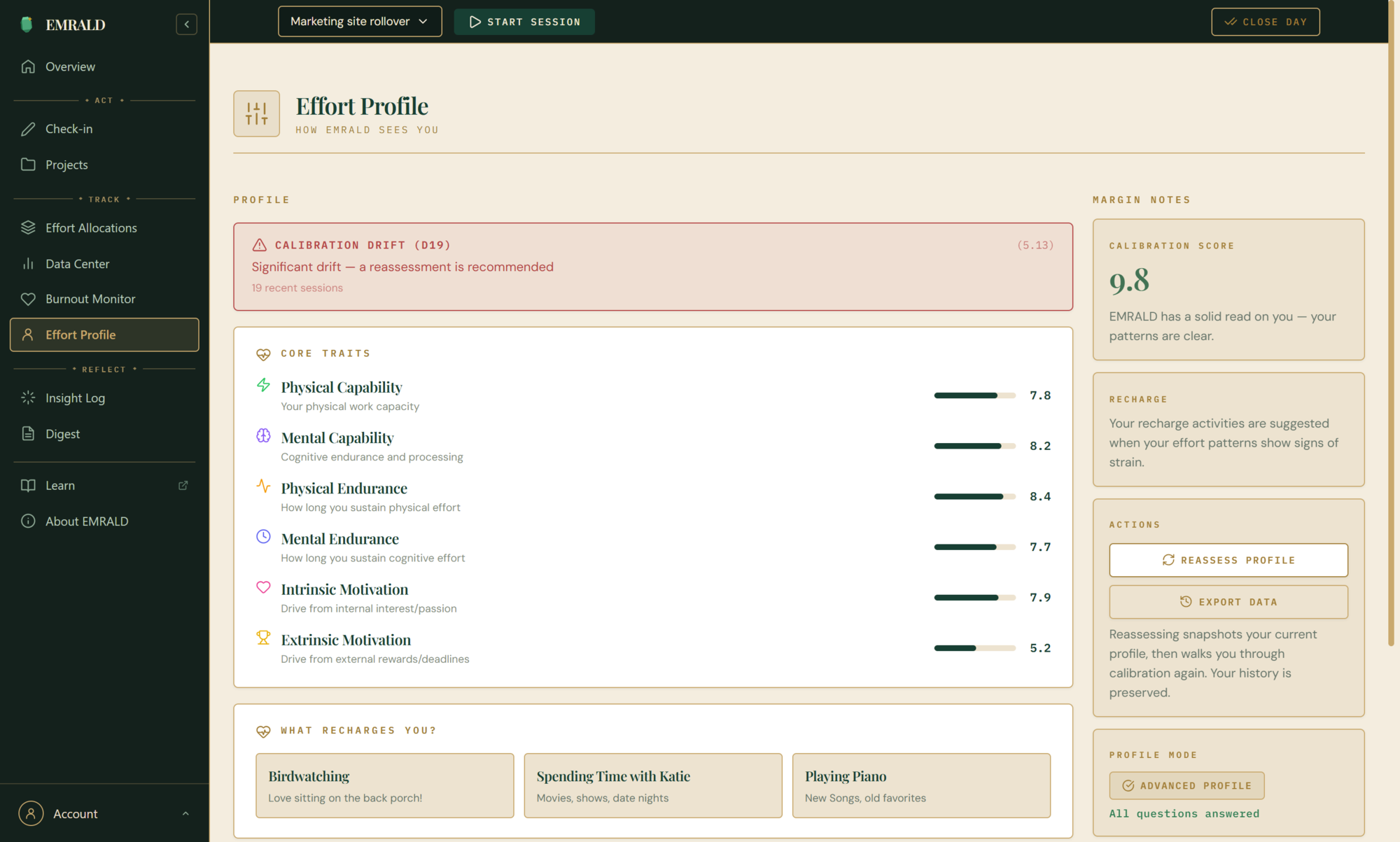 EMRALD Effort Profile — what costs you, what restores you, and your calibrated effort inputs