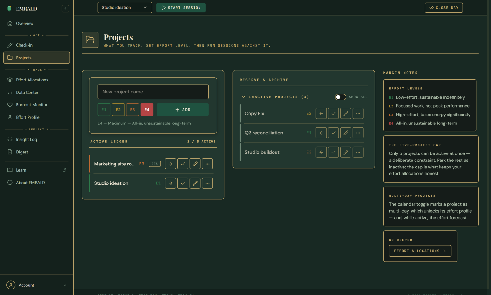EMRALD Projects view in dark theme — active projects each tagged with an effort level
