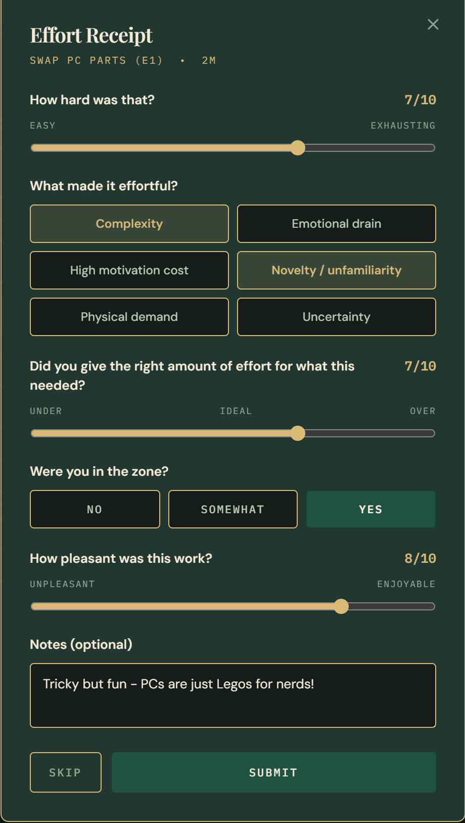 EMRALD Effort Receipt in dark theme — five quick questions capture a session in ten seconds