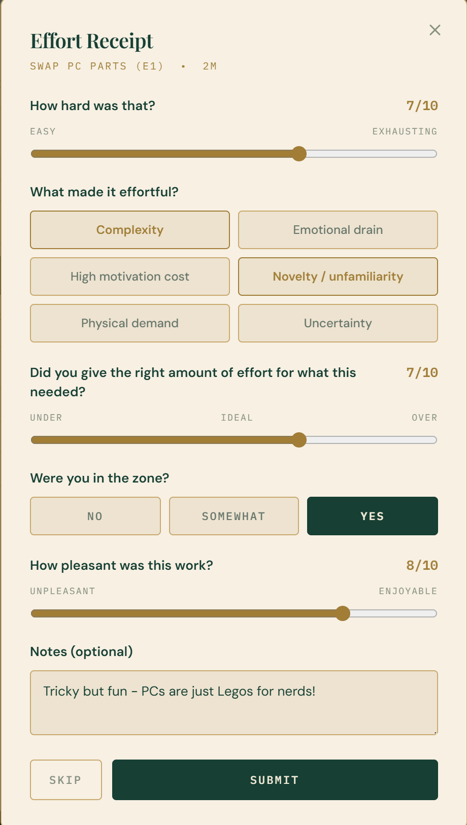 EMRALD Effort Receipt — five quick questions capture a session in ten seconds