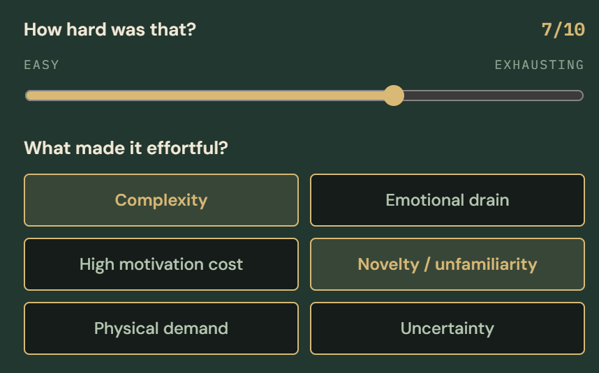 EMRALD effort receipt in dark theme — rate difficulty and what made the session effortful