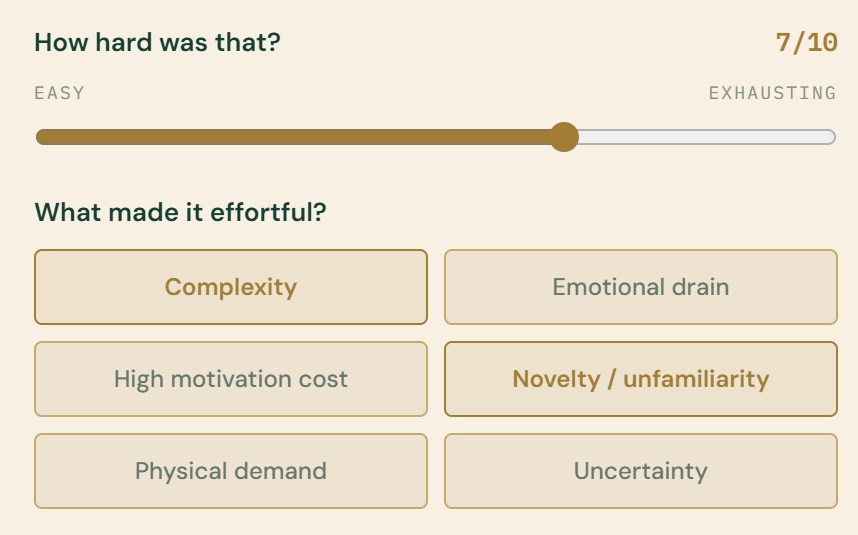 EMRALD effort receipt — rate difficulty and what made the session effortful