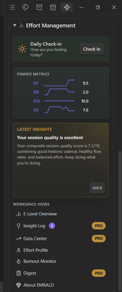 EMRALD Obsidian plugin showing Effort Management section - Daily Check-in, Pinned Metrics, Latest Insights, and Workspace Views